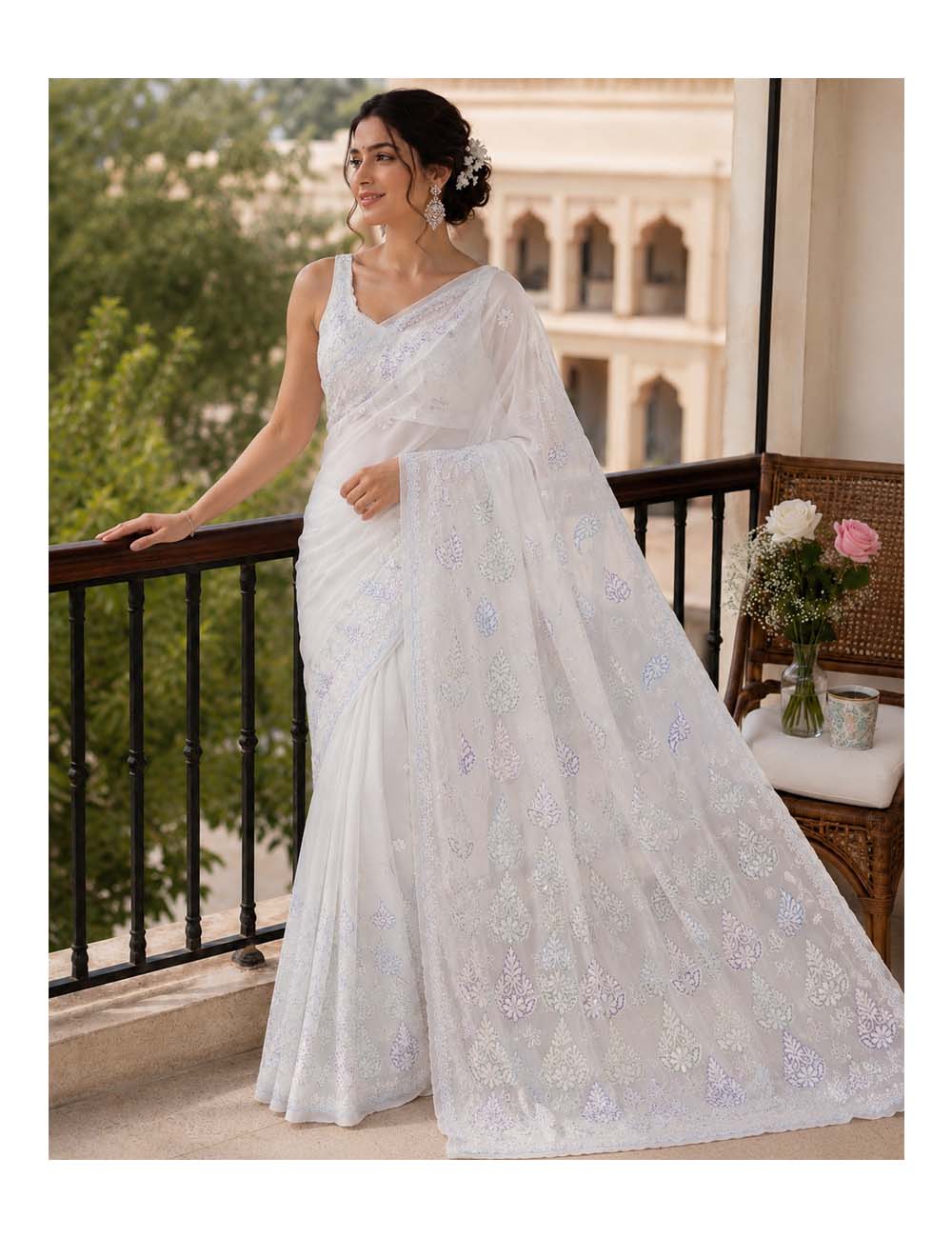 Pure Georgette Saree with Multi coloured thread work.