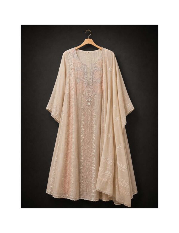 Semi Stitched Anarkali in Tissue Fabric with Sequence and Chikan Work